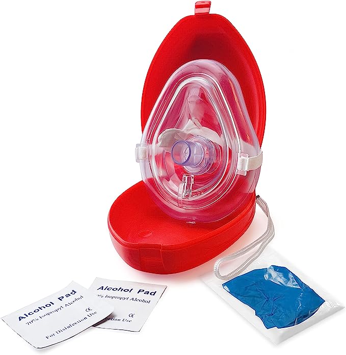 EMS XTRM Medical CPR Rescue Mask, Adult/Child Pocket Resuscitator, Hard Case with Wrist Strap, Pocket CPR Mask w/O2 with Gloves